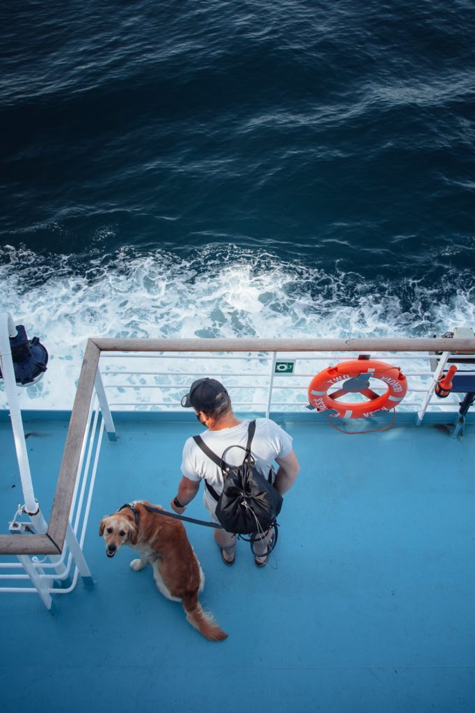 Mann steht mit seinem Hund auf Fähre nach Mallorca