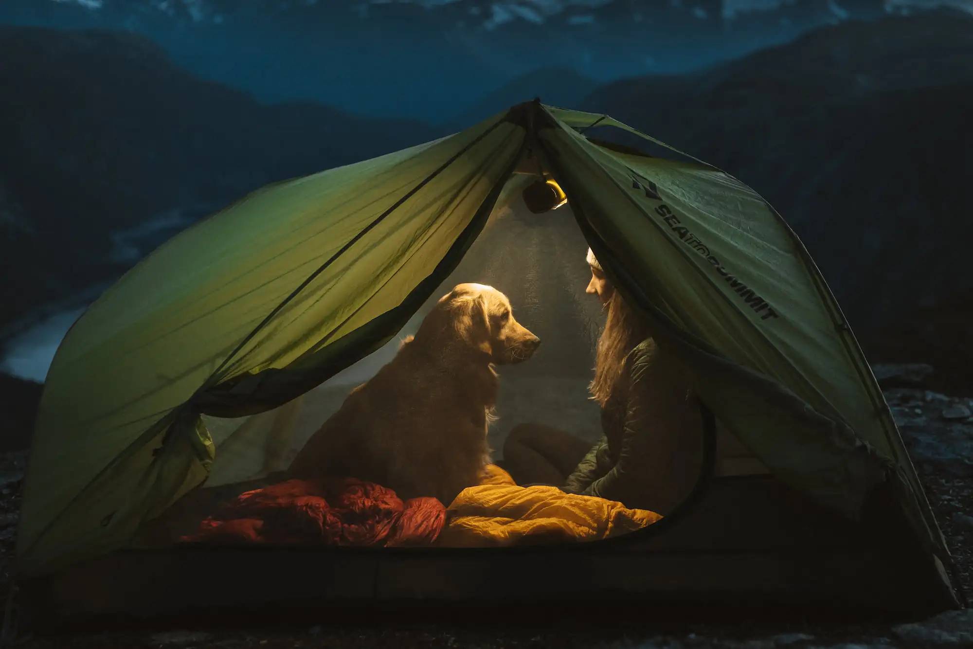 Idee Zelt: Frau und Hund beim Zelten