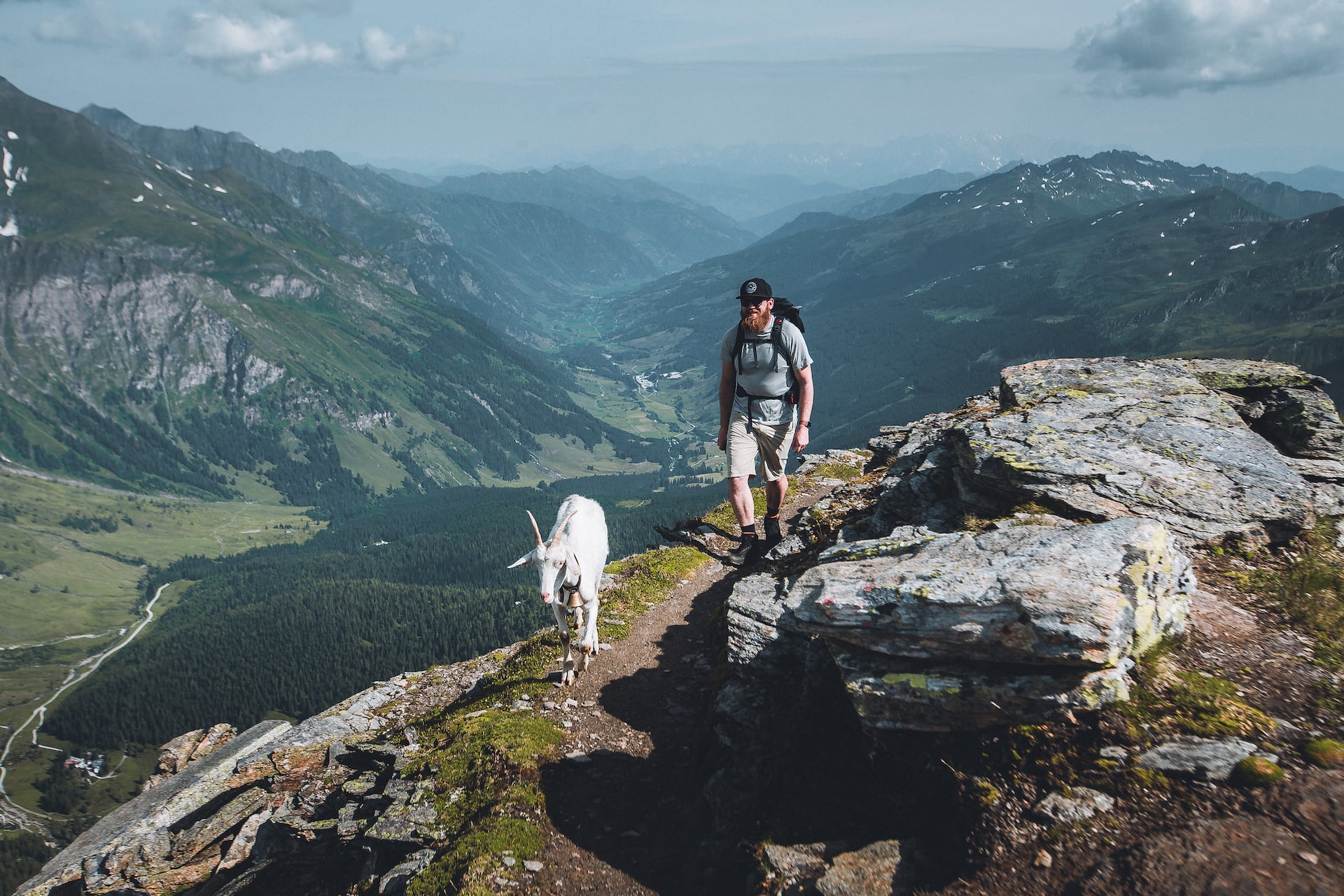 Bergwandern Tauernhöhenweg Österreich: Mann und Ziege in den Bergen