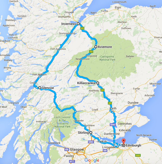 Schottland Rundreise Route 1 Karte