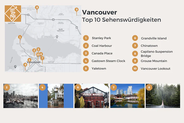 Auf dieser Karte findest du Vancouvers Sehenswürdigkeiten eingezeichnet.
